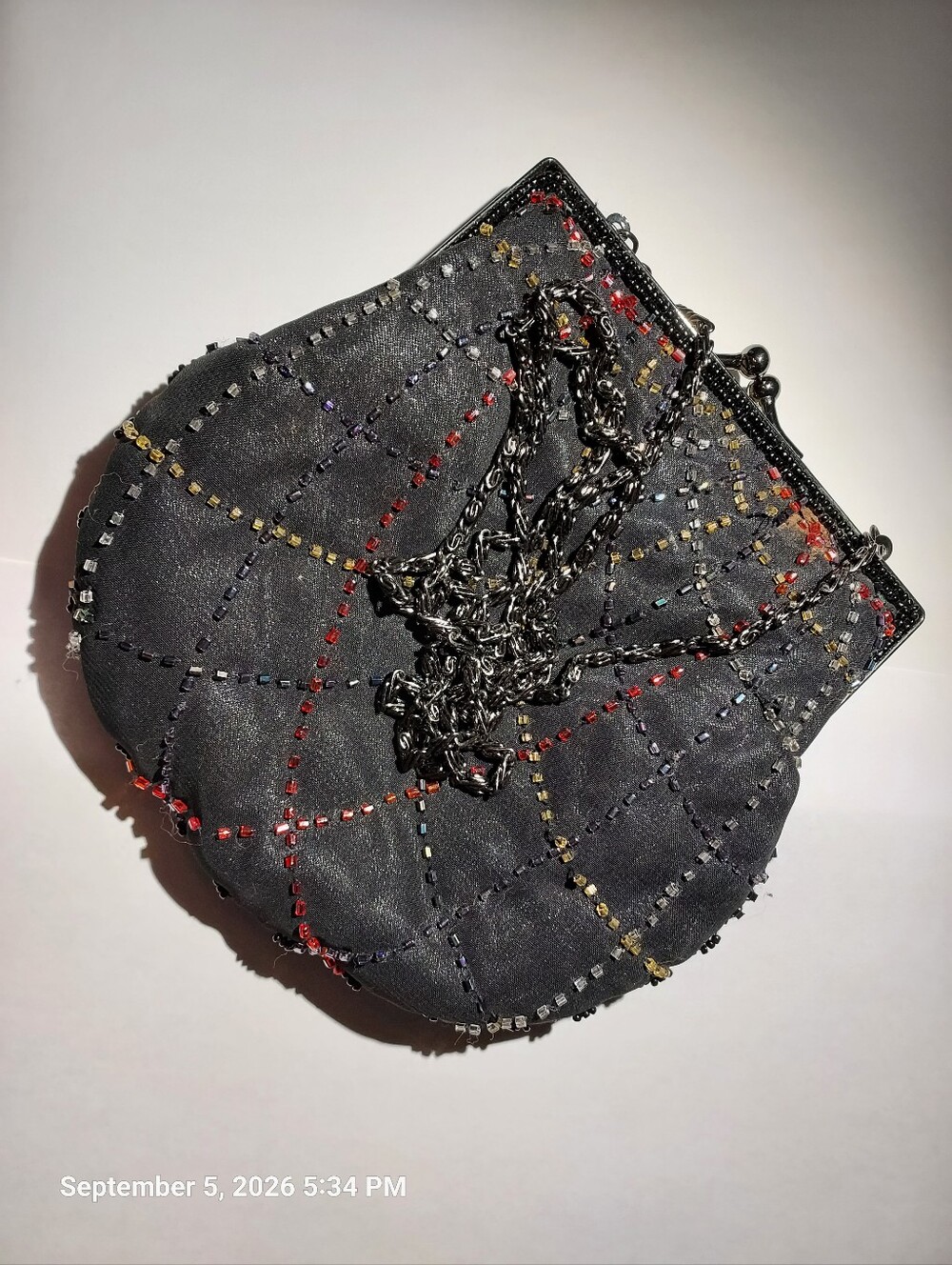 Black Multi Color Beaded Evening Clutch with Chain Strap